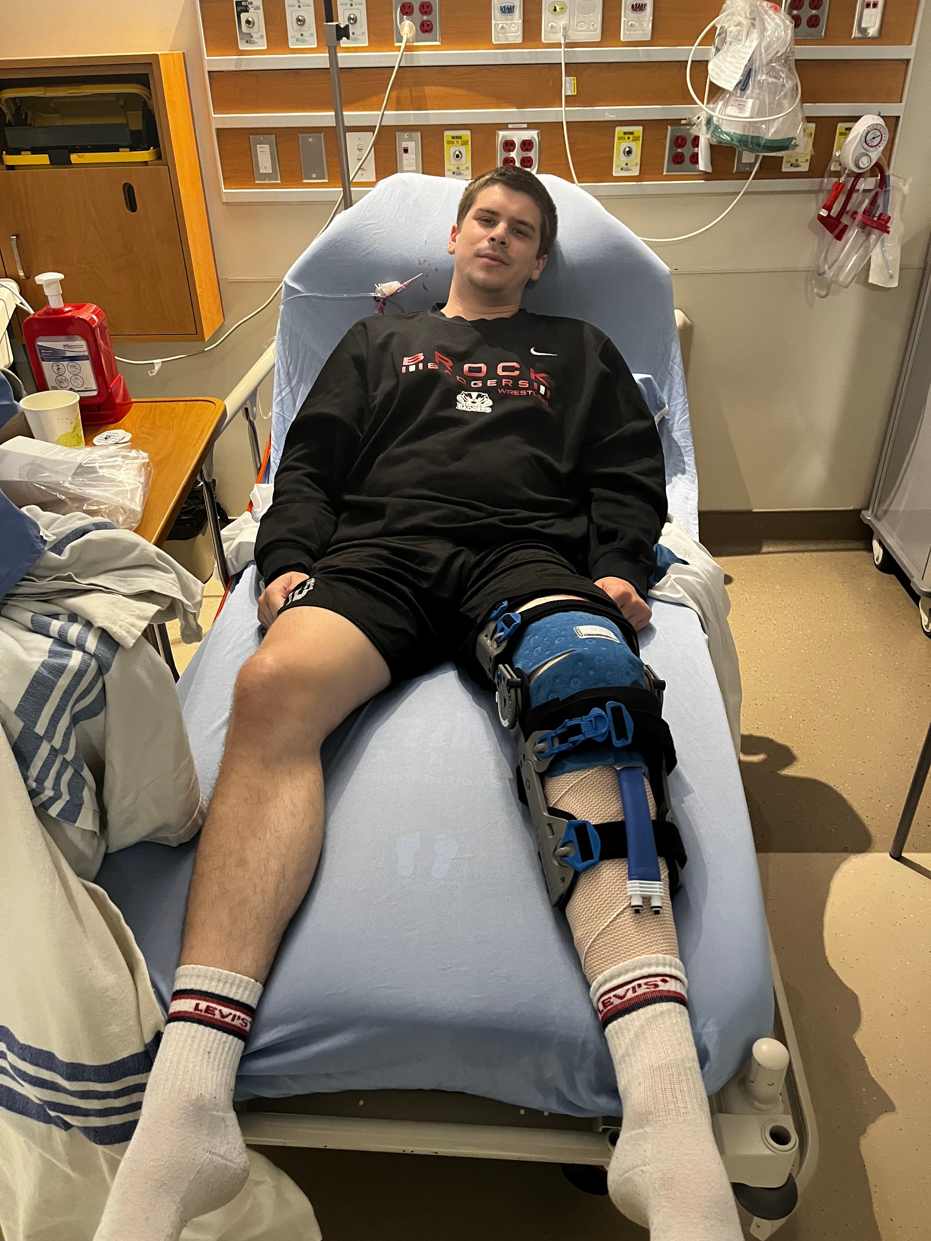 Hospital room photo after knee surgery.