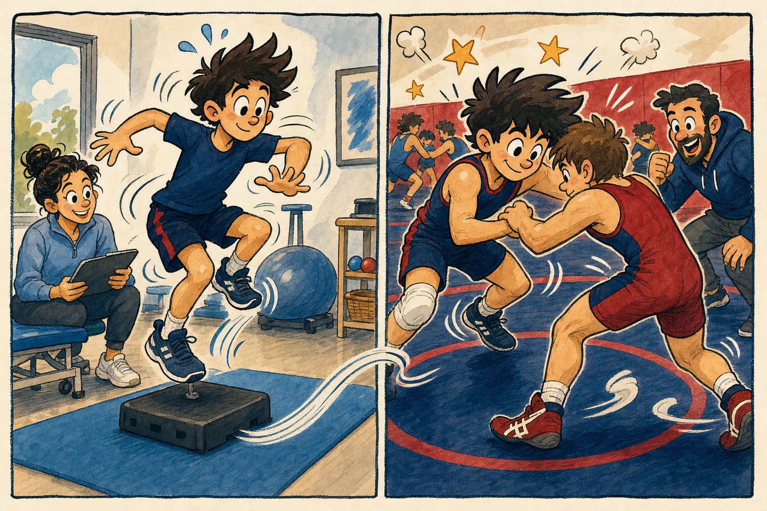 Two-panel illustration of the same teenage athlete completing a controlled landing in a rehabilitation clinic and wrestling with a partner during a busy practice