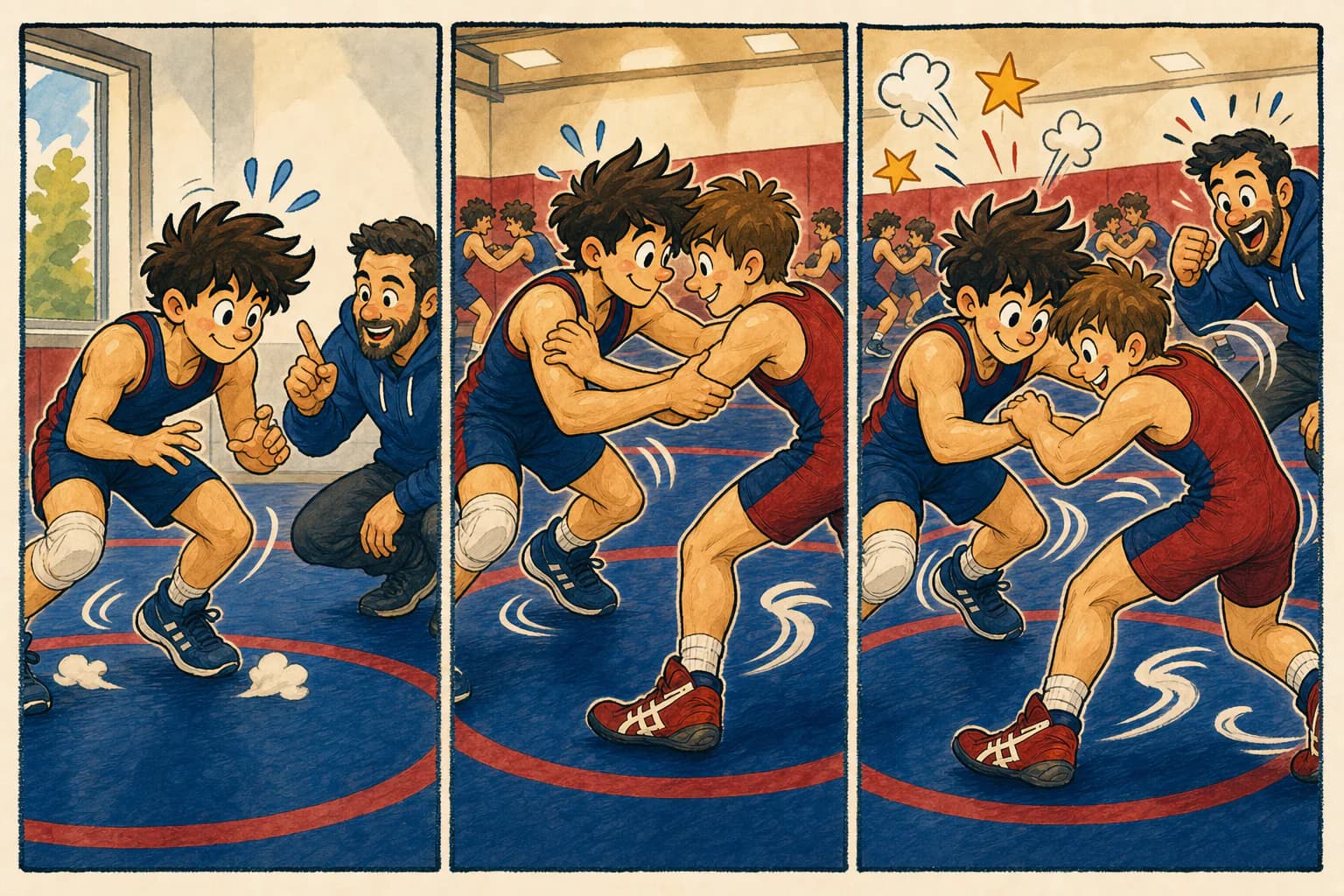 Three-panel illustration of a teenage wrestler progressing from solo stance practice to a cooperative drill and then live practice while a coach observes
